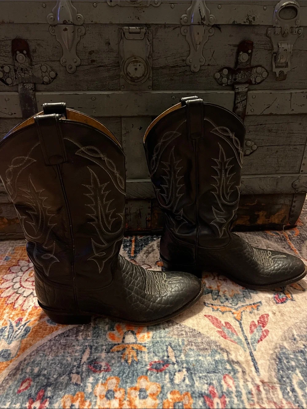 Vintage Tony Lama Black Pull-Tab Cowboy Boots Men’s Size 9.5